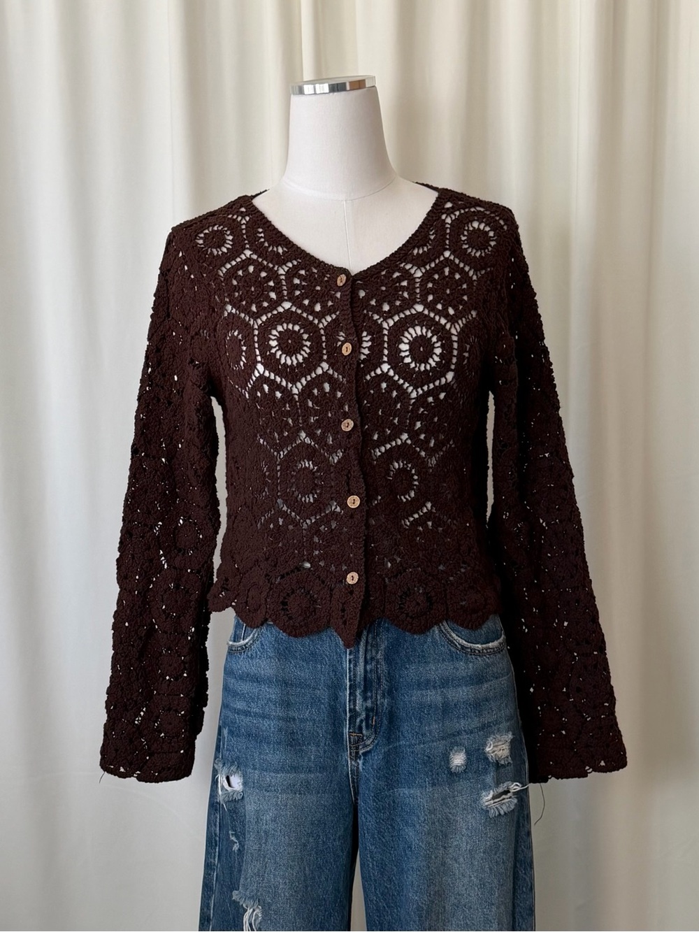 Brown Crochet Knit Cardigan Top Size Medium Long Sleeve Button Up Boho. - Picture 1 of 11